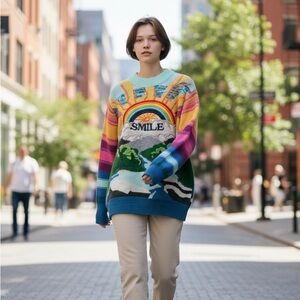 Smile Rainbow Striped Embroidered Knitted Oversize Sweater